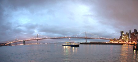 Bay Cruise - water, lights, ship, cruise, reflection, sky, bridge, bay