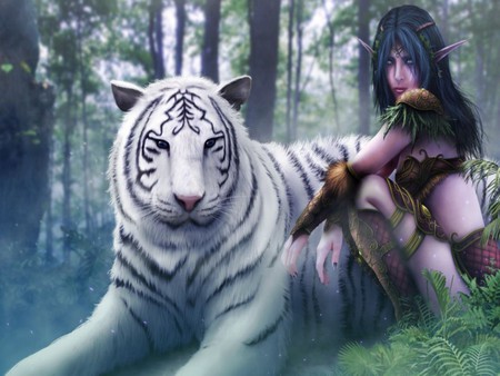 Servant of the Goddes - beauty, elf, fantasy, tiger