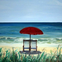 BEACH CHAIRS WITH RED UMBRELLA