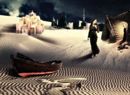 DESERT SANDS - fantasy, female, desert, sand, castle, canoe