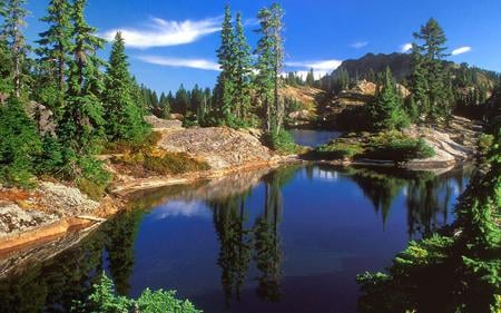 lake in the hills - sky, lake, hills, trees, water, rocks, nature, forest, grass