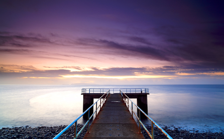 Old Pier - sky, beach, water, pier, purple, pink, dawn, clouds, sunrise, colourful