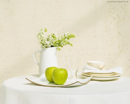 simply still life - white, apples, tableware, beautiful, vase, still life, lilac, green