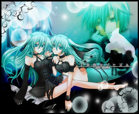 hatsune miku - hatsune miku, ribbons, lolita fashion, long hair, aqua hair, barefoot, kaito, gothic, short hiar, mermaid, aqua eyes