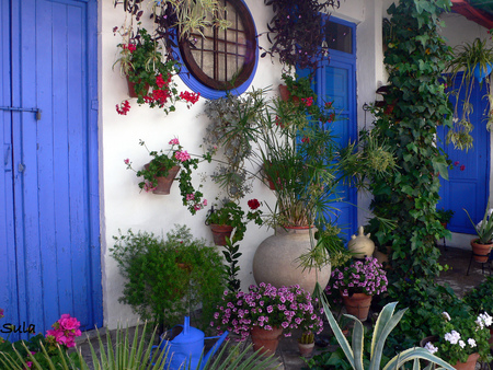 blue door - house, beautiful, blue door, pot flowers, fulcolours, round window