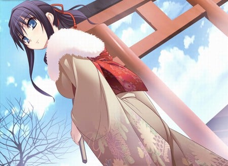 cute anime girl - blue hair, kimono, japanese clothes, blue eyes