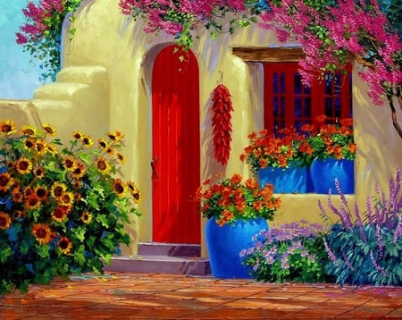 Welcome - window, pots, door, red door, house, flowers