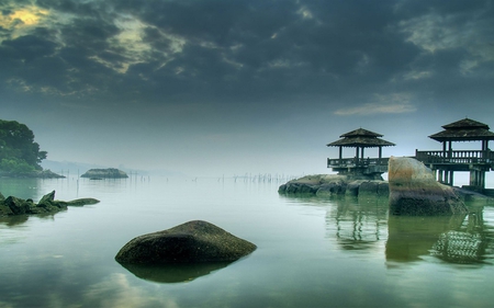 Calm Waters - calm, clouds, abstract, water, photography, islands, oriental, huts, sky