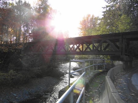 Train Trussel - warm sun, green trees, shiny stream, peaceful