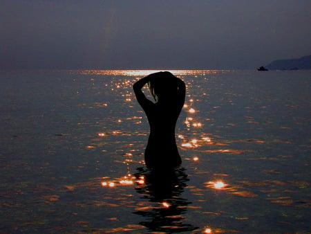 woman in moonlight - woman, nature, art, abstract, night, water, moonlight, fantasy