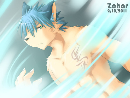 zohar - tatto, hair blue, wolf, wind