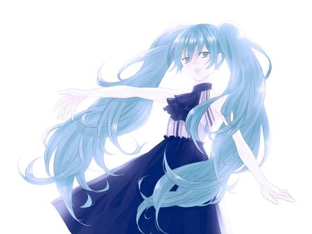 Hatsune Miku - nice, beauty, aqua, music, twintail, singer, aqua hair, anime girl, black, white, virtual, pretty, cool, idol, miku, aqua eyes, cute, black dress, hatsune miku, girl, song, hatsune, vocaloids, program, belt, amine, vocaloid, blue, beautiful, awesome, diva, dress