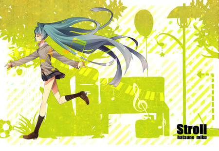 Hatsune Miku - Stroll - tie, pretty, uniform, nice, program, thighhighs, stroll, beauty, virtual, white, green, cute, aqua eyes, song, vocaloid, anime, twintail, hatsune miku, music, aqua, idol, anime girl, skirt, beautiful, singer, girl, cool, black, miku, awesome, diva, aqua hair, hatsune, vocaloids