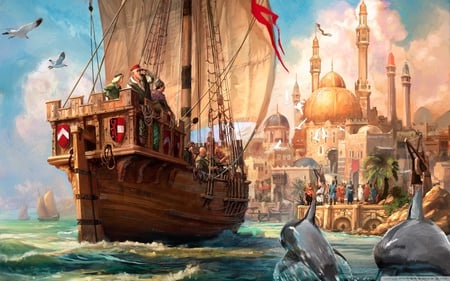 Anno 1404 - sailor, ocean, video game, historical, anno, discovery, hd, ship, artwork, adventure, wide, 2560x1600, anno 1404, sea, boat, dolphin