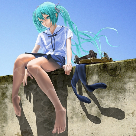 Miku Hatsune - long hair, miku hatsune, vocaloid, barefoot, female, anime, music, hatsune miku