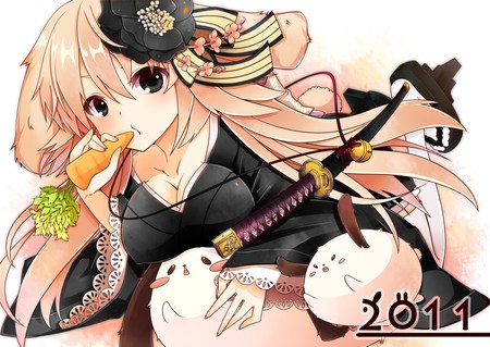 anime girl - rabbit, japanese clothes, carrot, katana, weapon, long hair, pink hair, flower