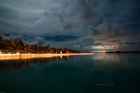 Maldives - maldives, lights, dusk, ocean, resort