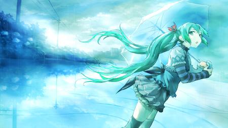 Hatsune Miku - Melt - tie, pretty, scenery, uniform, umbrella, nice, program, thighhighs, beauty, virtual, river, white, cute, aqua eyes, song, vocaloid, anime, blue, twintail, blue sky, hatsune miku, music, aqua, dreaming, lake, sky, idol, clouds, anime girl, trees, skirt, water, beautiful, singer, girl, cool, black, miku, awesome, diva, aqua hair, hatsune, vocaloids