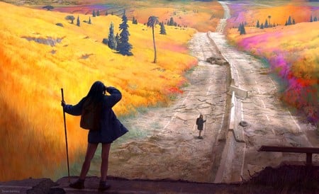 Journey Begins - girl, fantasy, road, journey