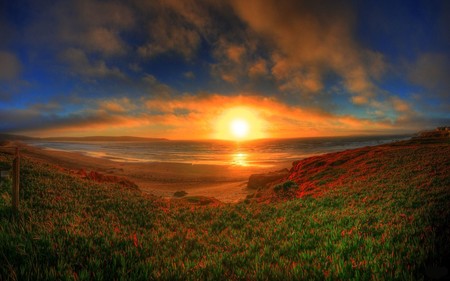 sunset - clouds, beach, beautiful, landscape, sea, ocean, sunsets, sunset, nature, wide, hd, color, sun, sky