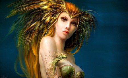 Dragon Queen - lady, hot, eyes, hair, fantasy, witch, queen, dragon, headress, tatoo, sorcereress