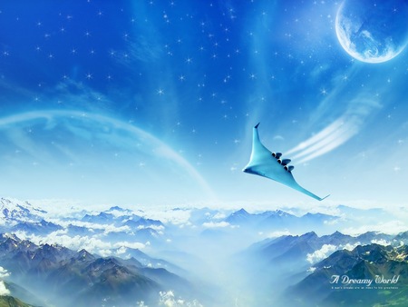 Dreamy World !!! - abstract, blue, clouds, plane, planet, fantasy