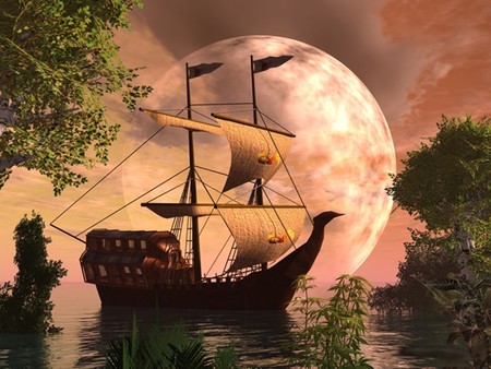 lone voyage - moon, trees, nature, ship, sea