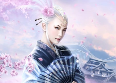 Maria Wibisono - woman, beauty, fan, magic, fantasy, gorgeous, cherry blossom, art, pretty, pale, oriental, kimono, fantasy girl, girl, soft, world, cg, abstract, geisha, maria wibisono, beautiful, blossom, yukata, flowers