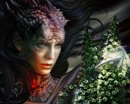 dragon woman - woman, dragon, flowers, fantasy