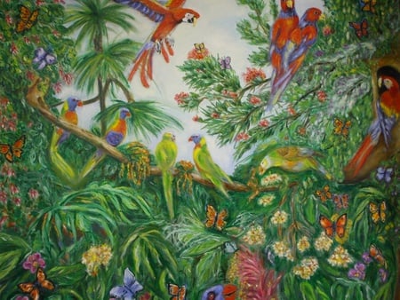 PARROT JUNGLE - painting, birds, parrot, jungle