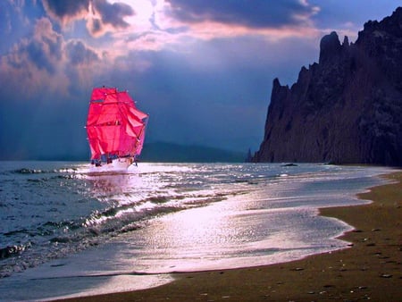 Red  sails - ocean, beach, sail, sky, res, sailing, nature, ship, evening, clouds, red sails, sailboat, moonlight, sea, pink sail, boat