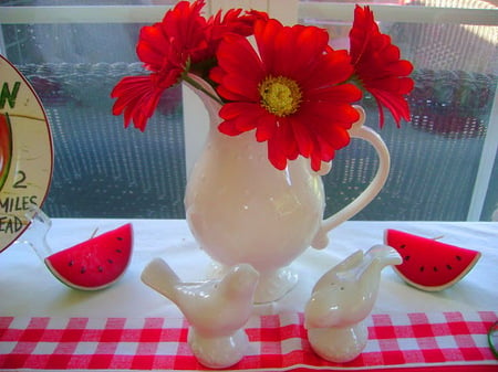 Red  and white - watermelon, table, ornaments, poppies, white vase