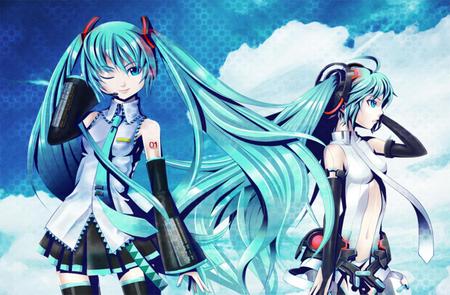 Hatsune Miku & Miku Append - aqua, hot, headset, thighhighs, music, anime girl, white, cool, aqua eyes, hatsune miku, sexy, skirt, light, song, original, vocaloids, program, glow, vocaloid, beautiful, uniform, diva, beauty, nice, sky, twintail, duo, singer, blue sky, aqua hair, black, virtual, pretty, idol, white clouds, clouds, anime, wink, miku, cute, girl, hatsune, microphone, twins, blue, headphones, tie, awesome, gray