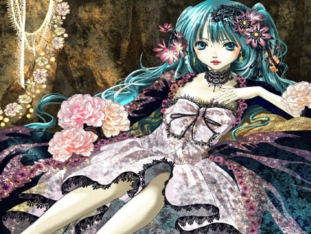 miku lying rose - aqua, classy, miku, queen, rose