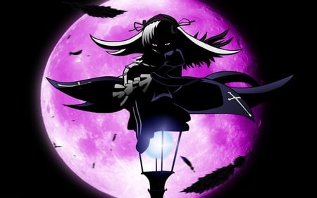 Rozen Maiden - lone, female, anime girl, black background, cross, dark, full moon, anime, pink eyes, moon, girl, feathers, long hair, night, rozen maiden, suigintou, white hair