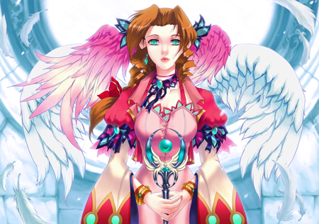 Aerith Gainsborough - long hair, final fantasy, wings, anime girl, brown hair, white, aerith, green eyes, pink, anime, video games, aerith gainsborough