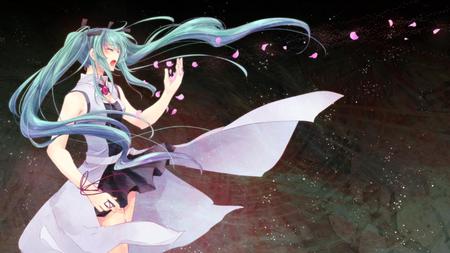 Hatsune Miku - tie, pretty, singing, artistic, pink, uniform, nice, program, thighhighs, beauty, virtual, petals, white, cute, aqua eyes, song, vocaloid, anime, twintail, cherry blossom trees, dress, hatsune miku, music, aqua, art, idol, anime girl, sakura, skirt, beautiful, singer, girl, cool, black, miku, awesome, diva, aqua hair, hatsune, vocaloids, sakura tree petals