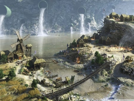 Village - village, fantasy, water, abstract