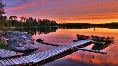 Lovely View - boat, reflection, leaves, view, lake, sky, clouds, trees, water, beautiful, beauty, colors, lovely, pier, boats, colorful, nature, sunset, peaceful, rocks