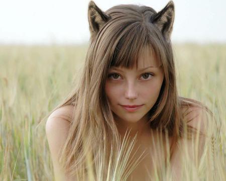 real cat woman - woman, funny, ears, green, cute, grass, sexy, cat