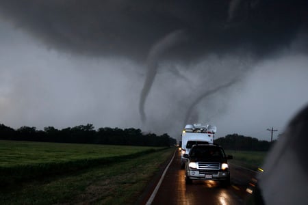 Help I'm being chased by two tornadoes - field, tornado, road, truck