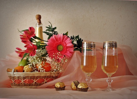 still life - nice, glasses, photography, champagne, wine, still life, cool, romance, gently, harmony, drink, valentine, fruit, candy, celebration, gerbera, beautiful, flowers, photo, elegantly, flower