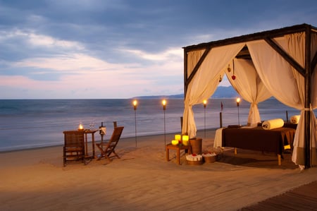 Romance - tent, nice, sky, beach, champagne, peaceful, photography, sunset, calm, cool, romance, sand, love, ocean, drink, exotic, nature, beautiful, spa, sea