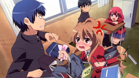 toradora, embarrassed - anime, annoyed, bookbag, blush, tora