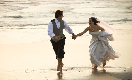 Happy love - woman, love, wedding, couple, feeling, wedding dress, romantic, seashore, man, romance, happiness, sea