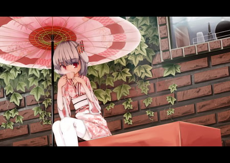 tea while waiting - tea, kimono, anime, umbrella, cutegirl