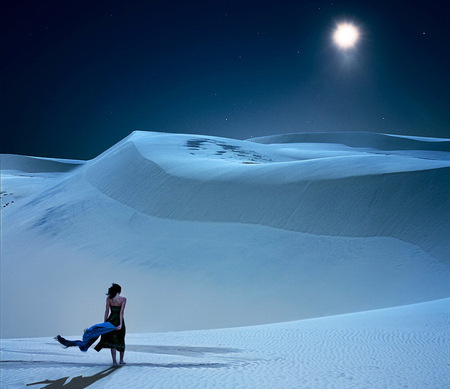 Blue sands - woman walking, moon, hills, blue, drifts, night, stars, sand