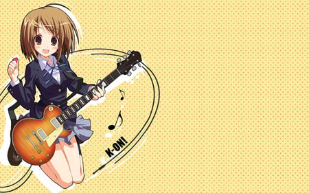 yui on guitar - k-on, anime, girl, cute, tan backround