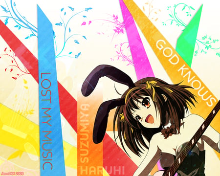 Suzumiya Haruhi - sexy, guitar, brown hair, suzumiya haruhi, bunny girl, pretty, cute, short hair, suzumiya haruhi no yuutsu