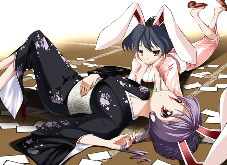 2 very cute bunnys - animal ears, purple hair, 2girls, red eyes, inaba tewi, bunny ears, kimono, japanese clothes, bunnygirl